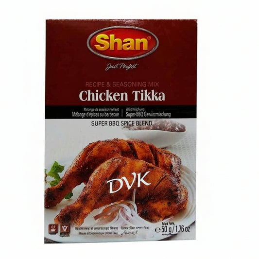 Shan Chicken Tikka spice mix packaging with chicken image on a white background