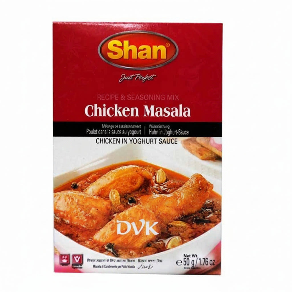 Shan Chicken Masala seasoning mix box with chicken dish on a white background