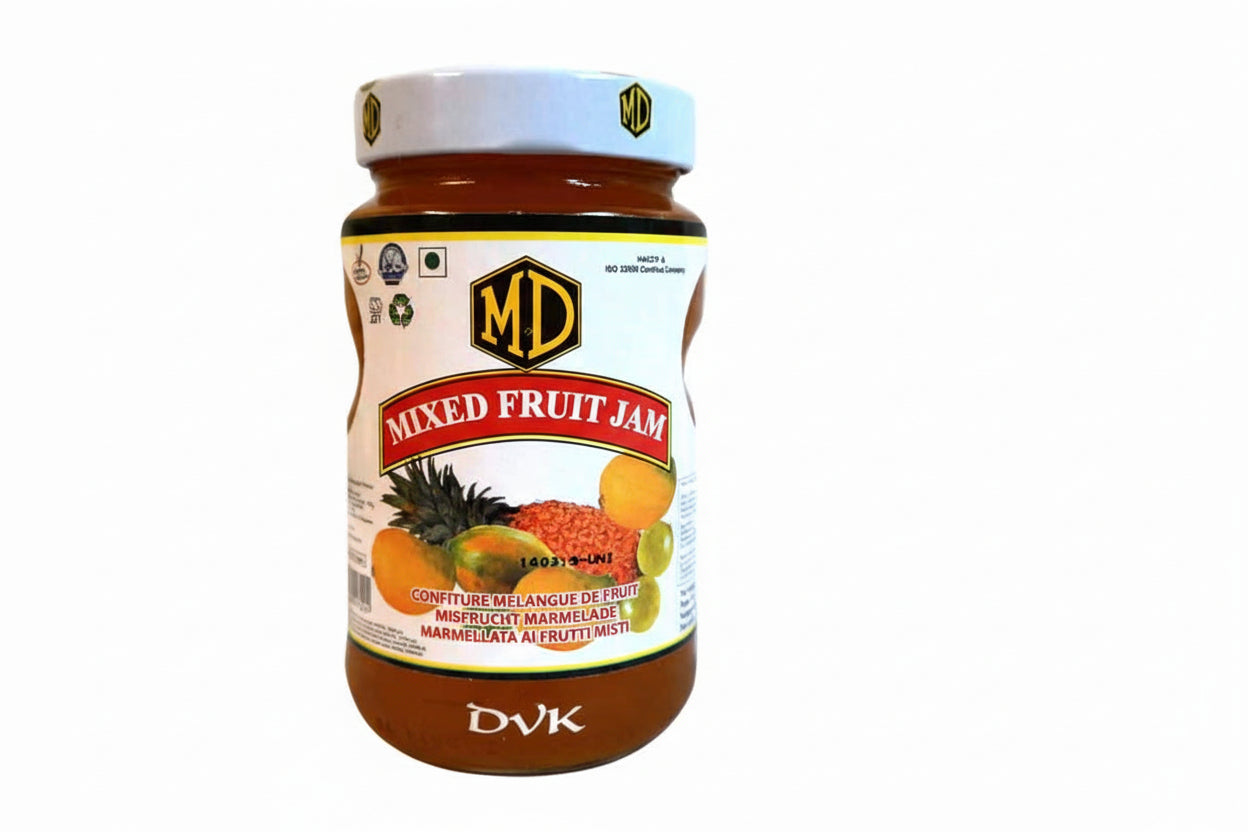 Jar of mixed fruit jam with a visible brand label on a white background