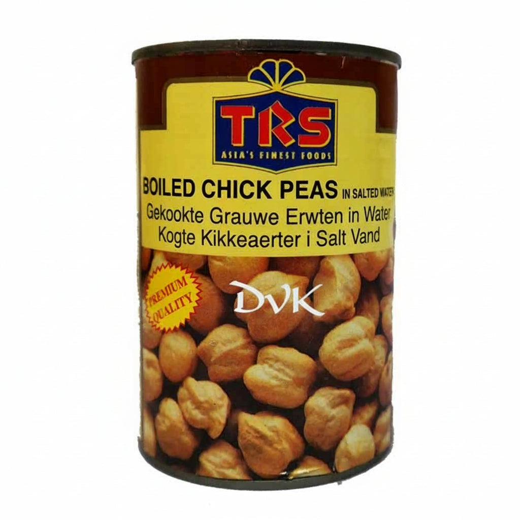 Can of TRS boiled chick peas on a white background