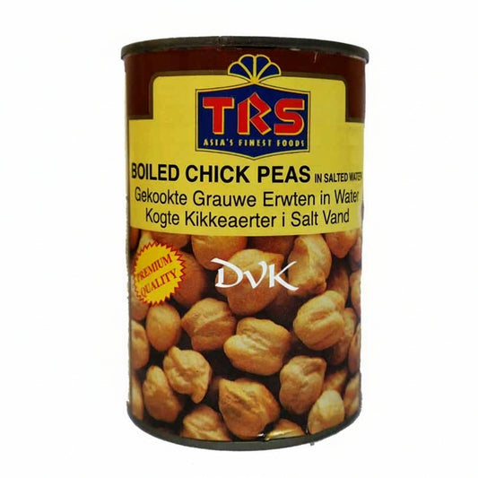 Can of TRS boiled chick peas on a white background