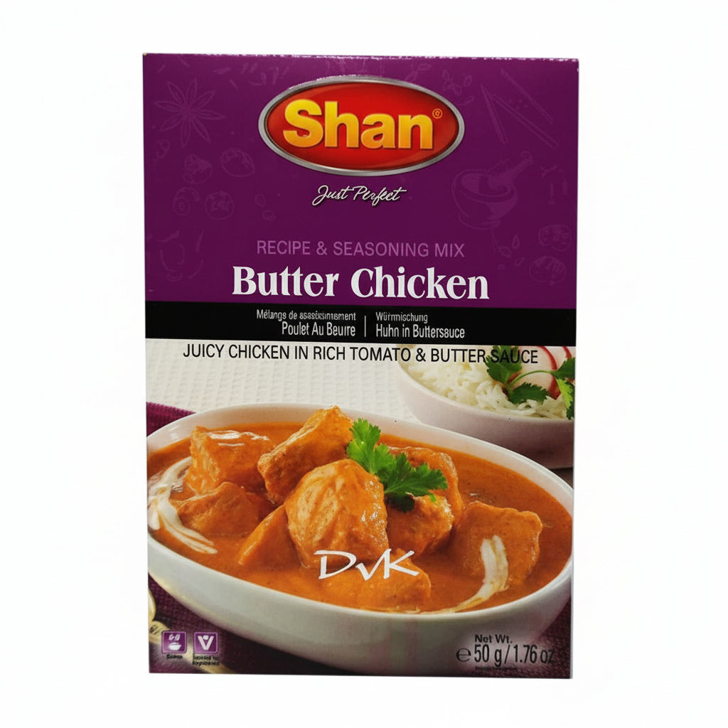 Shan Butter Chicken seasoning mix packaging with a bowl of chicken dish on a white background