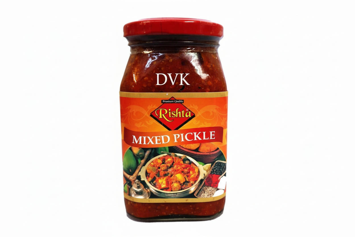 Jar of Rishta Mixed Pickle with red lid on a white background