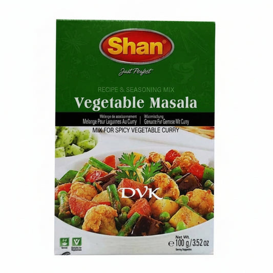 Shan Vegetable Masala seasoning mix packaging with a bowl of vegetables on a white background