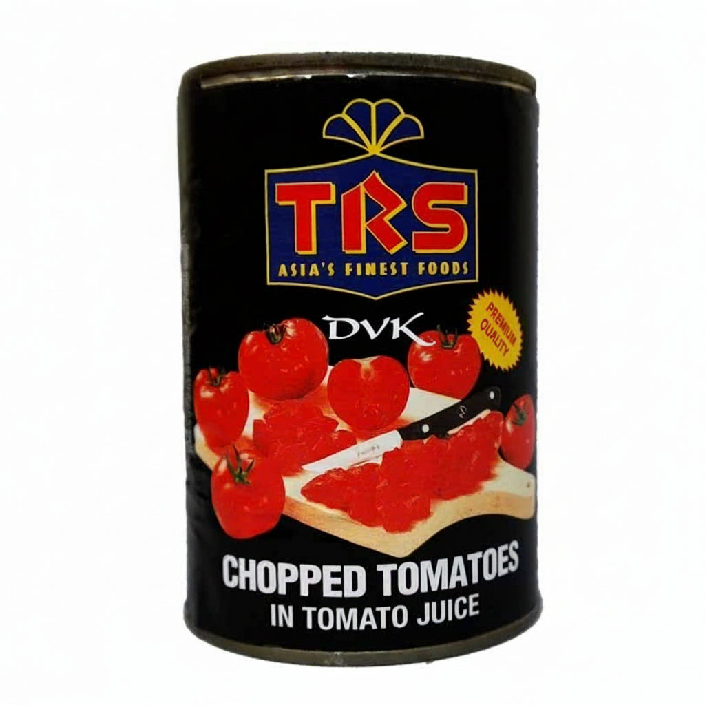 Can of TRS chopped tomatoes on a white background