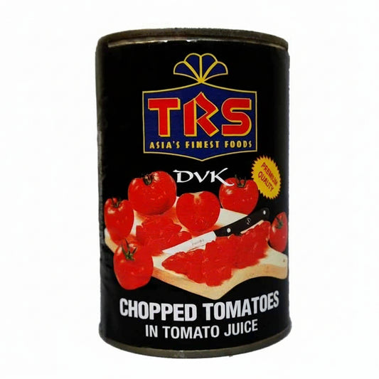 Can of TRS chopped tomatoes on a white background