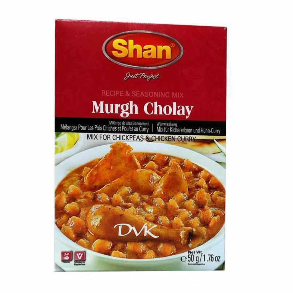 Shan Murgh Cholay seasoning mix packaging with a bowl of curry on a white background