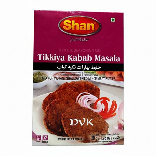 Shan Tikkiya Kabab Masala seasoning mix packaging with images of kababs and onions.