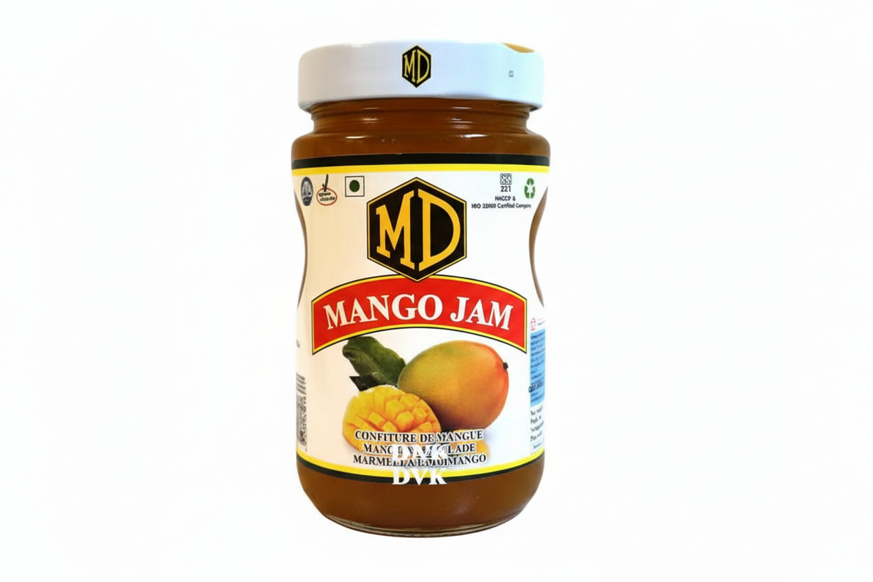 Jar of Mango Jam with visible branding on a white background