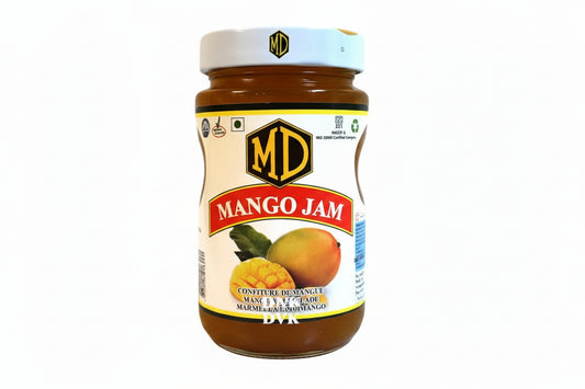 Jar of Mango Jam with visible branding on a white background