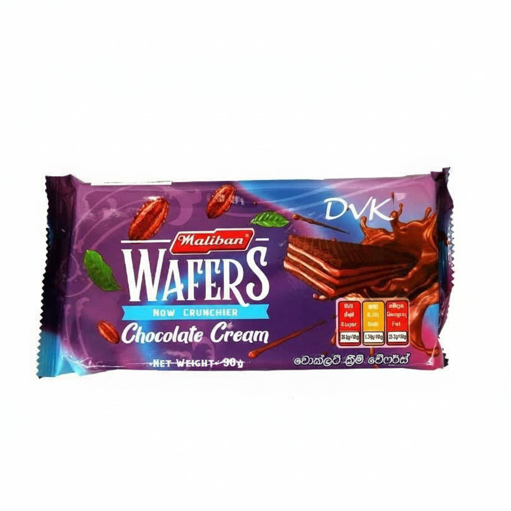Packaged Maliban Wafers with chocolate cream flavor on a white background