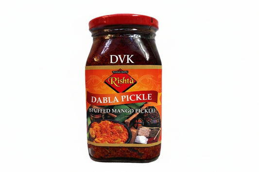 Jar of Rishita Dabla Pickle with a red lid on a white background