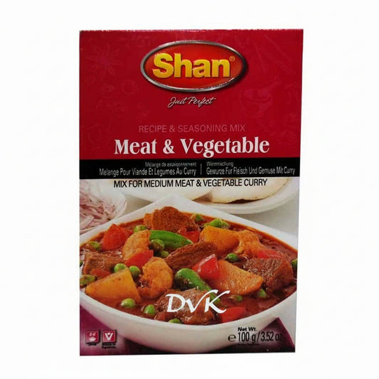 Shan Meat & Vegetable recipe and seasoning mix packaging on a white background