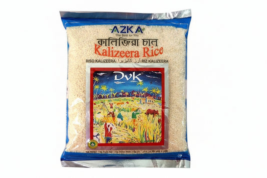Azka Kalizeera Rice package with a colorful label on a white background