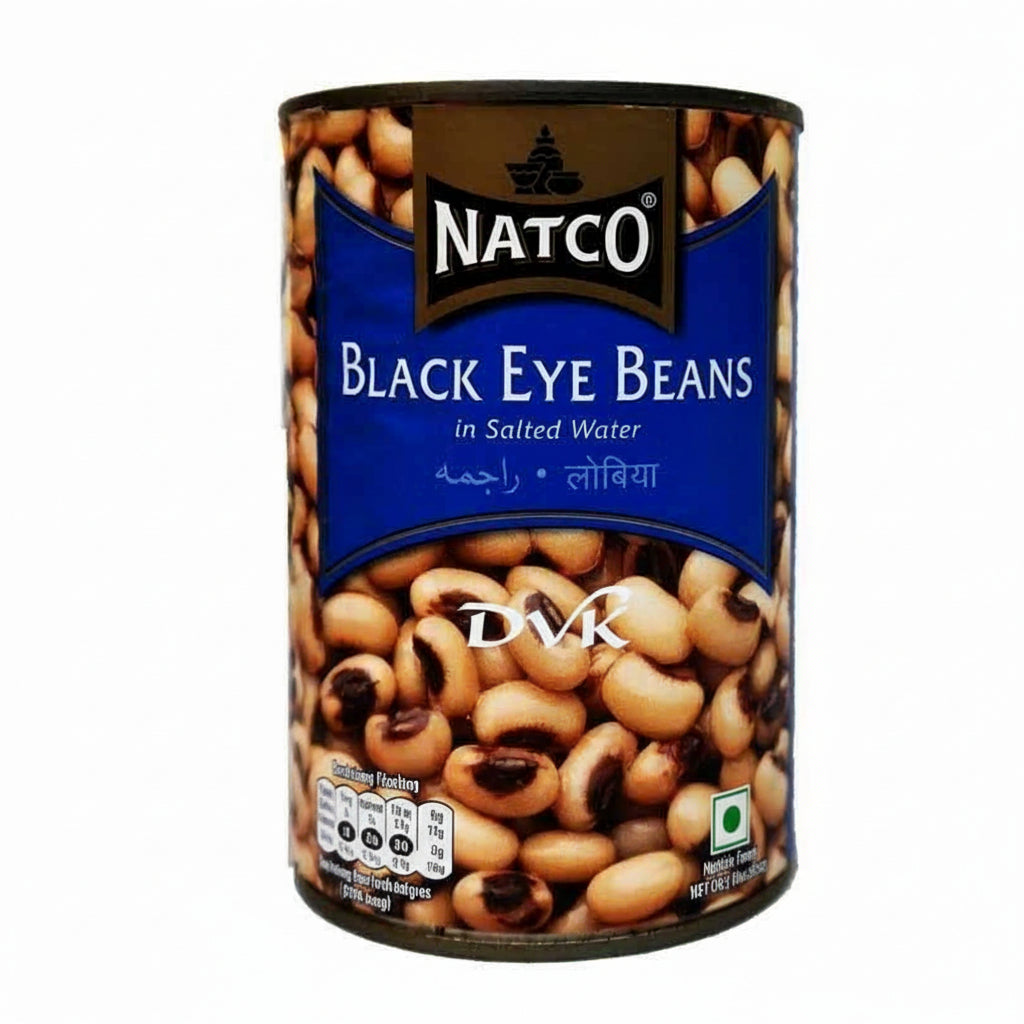 Can of Natco Black Eye Beans with blue label on a white background