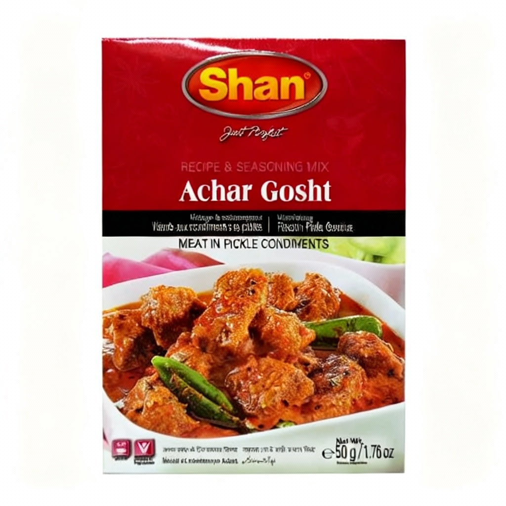 Shan Achar Gosht seasoning mix packaging with a dish of meat in pickle condiments on a white background.
