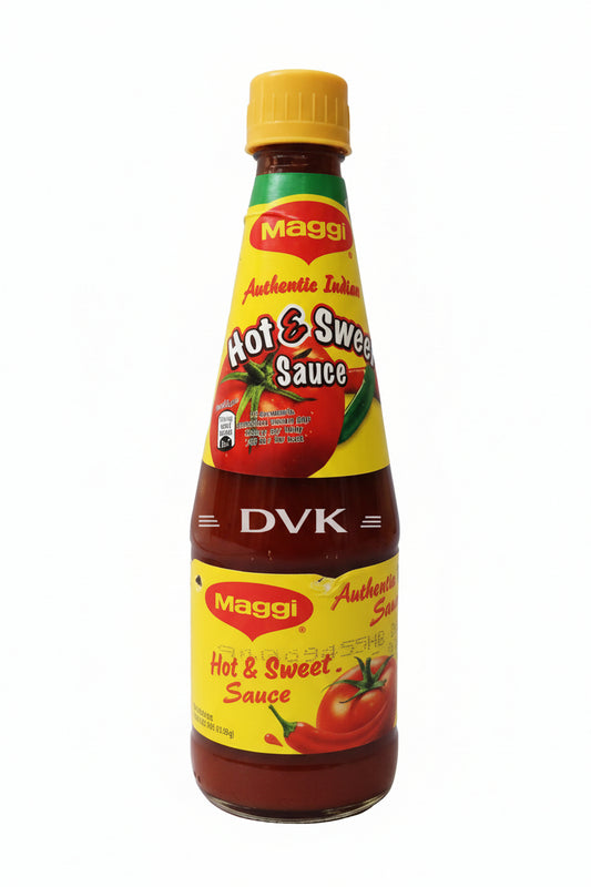 Bottle of Maggi Hot & Sweet Sauce on a white background