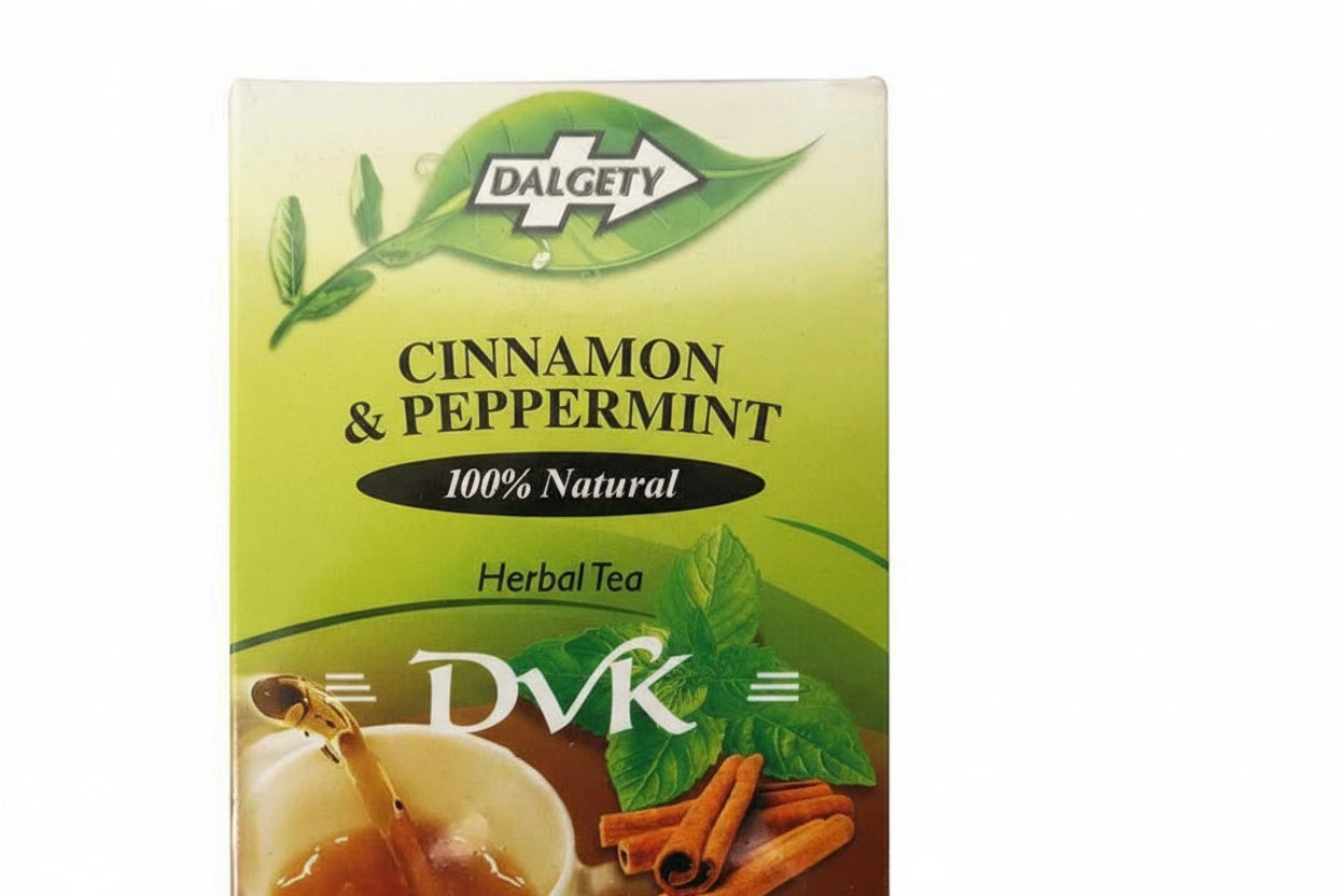 Box of Dalgety Cinnamon & Peppermint Herbal Tea with branding and product details.
