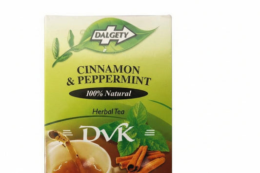 Box of Dalgety Cinnamon & Peppermint Herbal Tea with branding and product details.