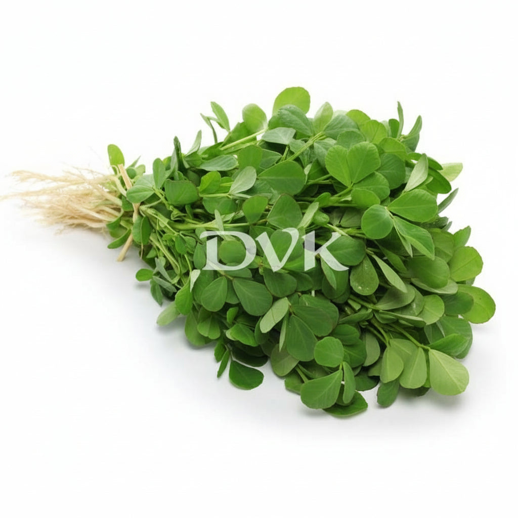 Bunch of green leaves with 'DVK's' branding on a white background