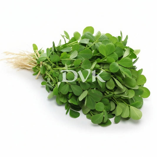 Bunch of green leaves with 'DVK's' branding on a white background
