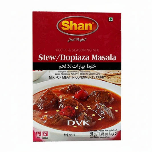 Shan Stew/Dopiazza Masala spice mix packaging with beef stew image on a white background