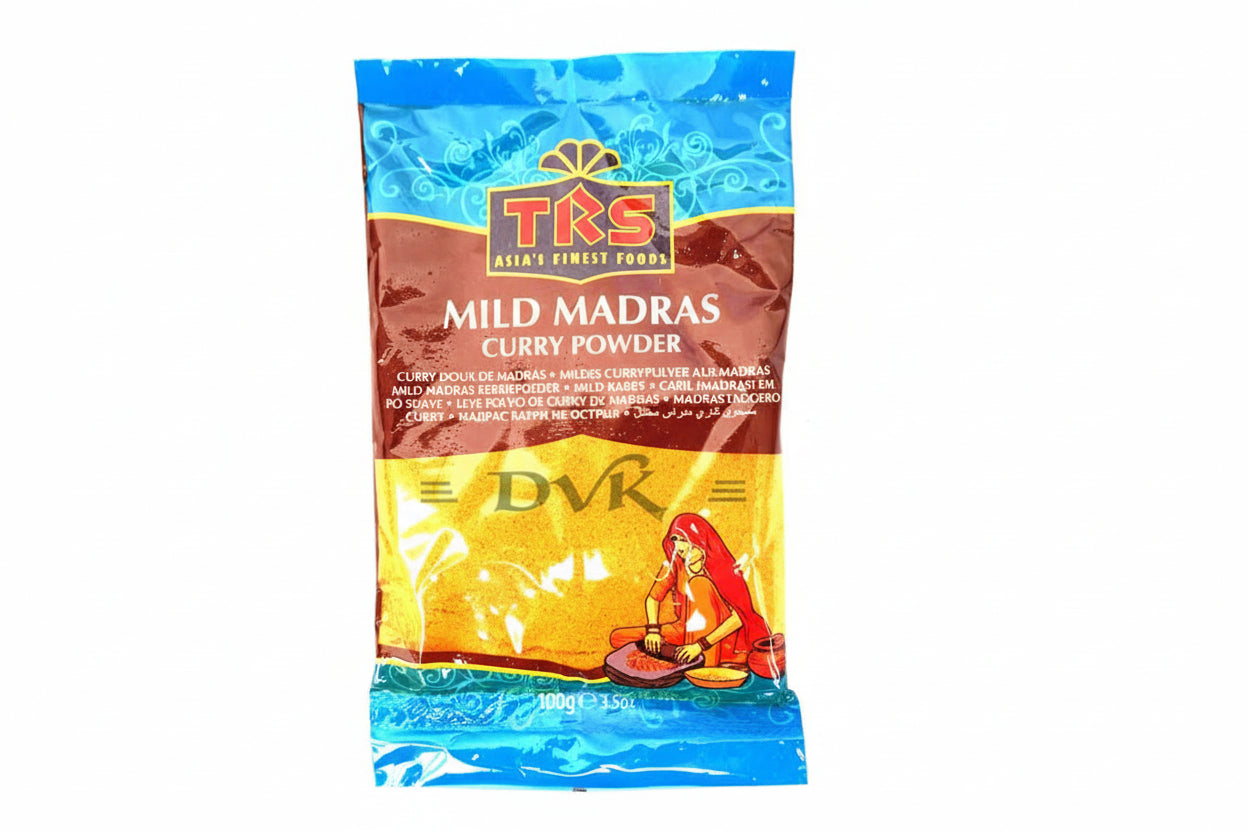 Packaging of TRS Mild Madras Curry Powder with colorful design on a white background