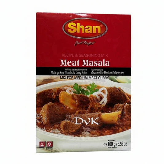 Shan Meat Masala spice mix packaging with a dish of meat curry on a white background