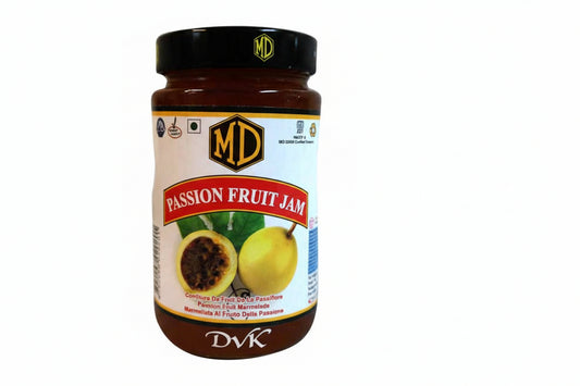 Jar of passion fruit jam with MD logo on a white background