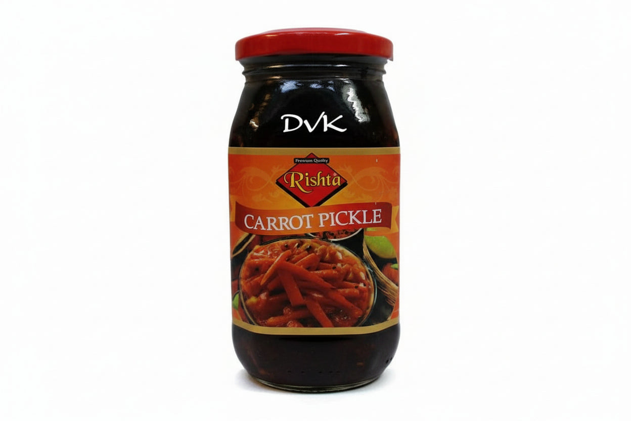 Jar of Rishta Carrot Pickle with a red lid on a white background