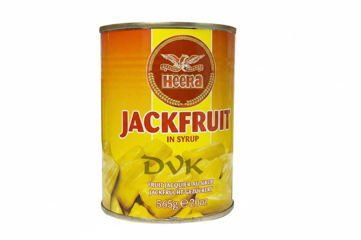 Can of Jackfruit in syrup with Heera brand on a white background