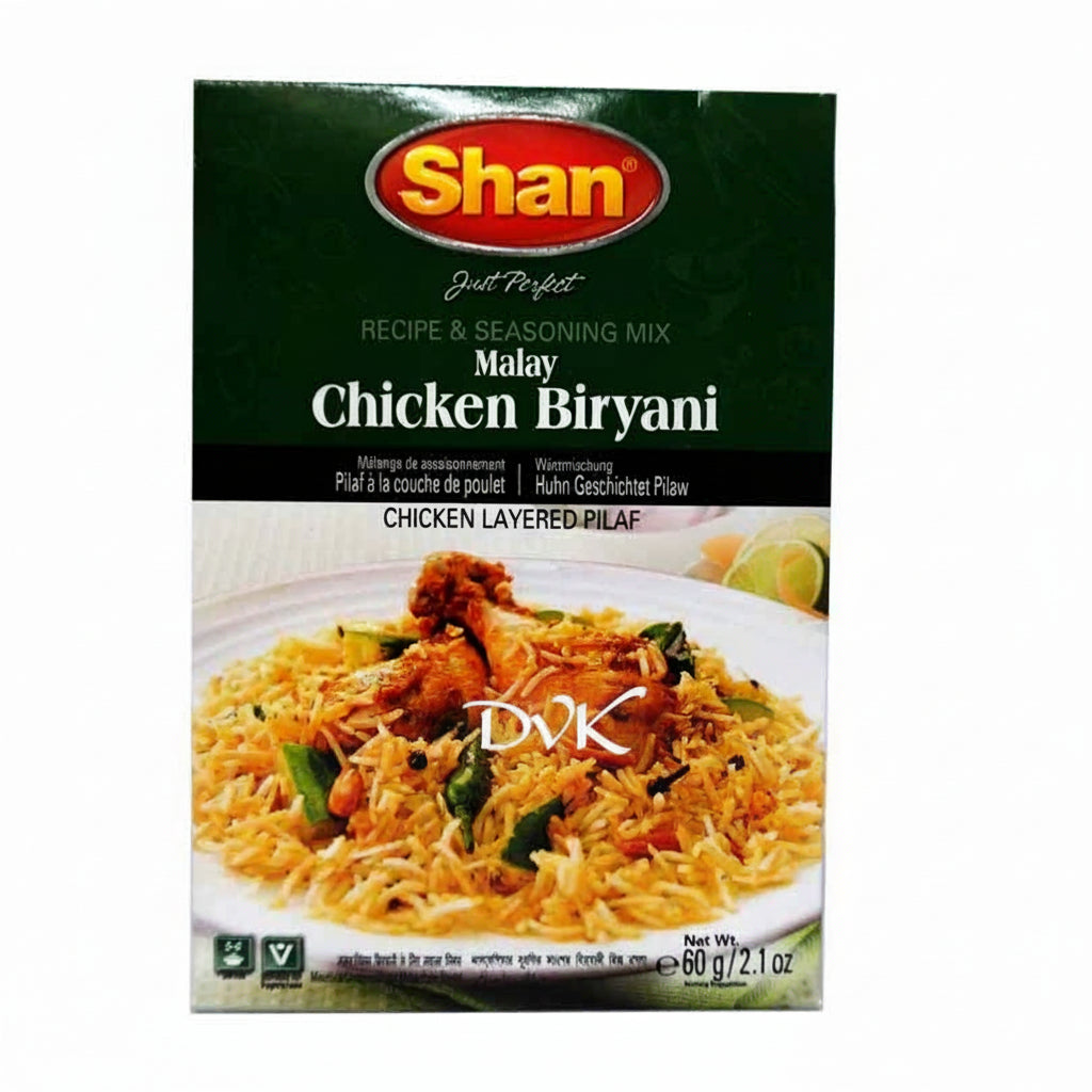 Shan Malay Chicken Biryani seasoning mix packaging with a bowl of biryani on a white background.