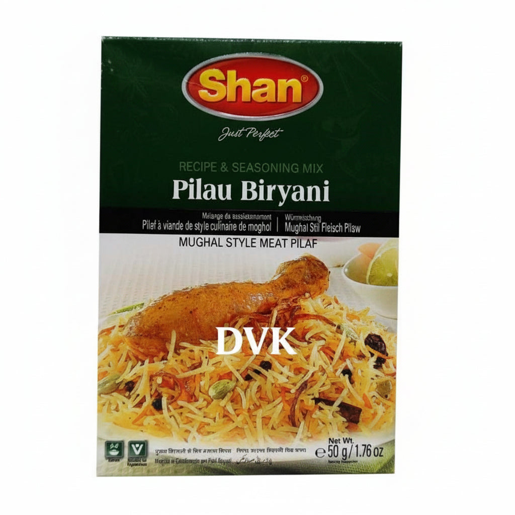 Shan Pilau Biryani seasoning mix packaging with a picture of biryani on a white background.