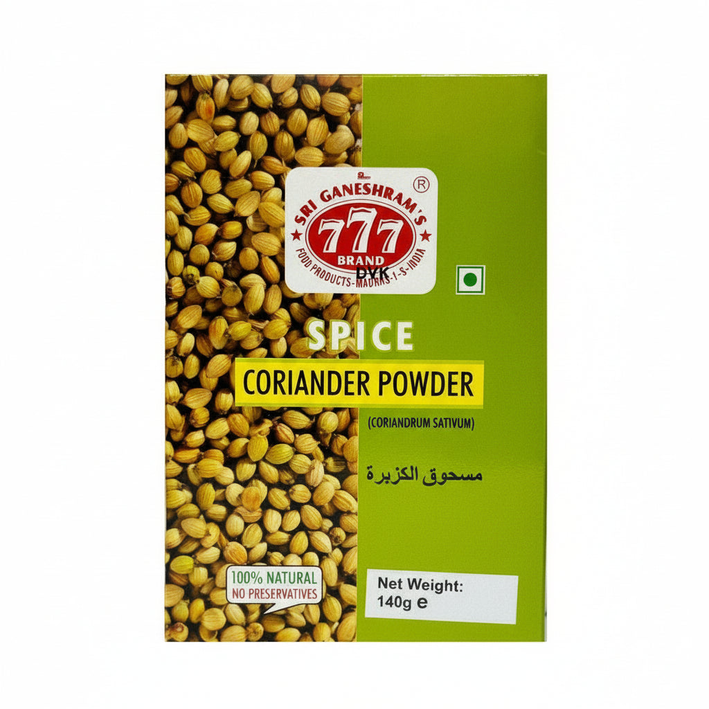 Box of 777 Brand coriander powder with coriander seeds on a white background