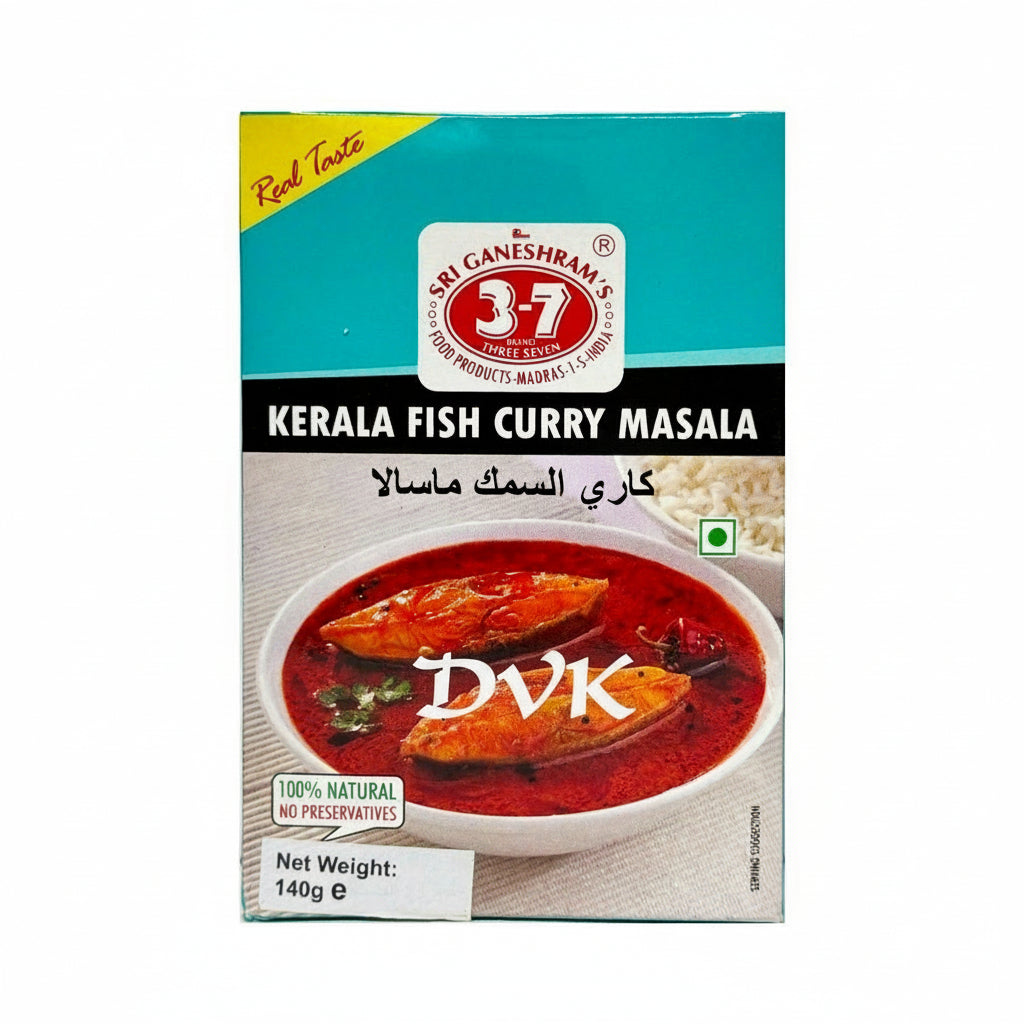 Box of Sri Ganesham 3-7 Kerala Fish Curry Masala with a bowl of curry and rice on the label.