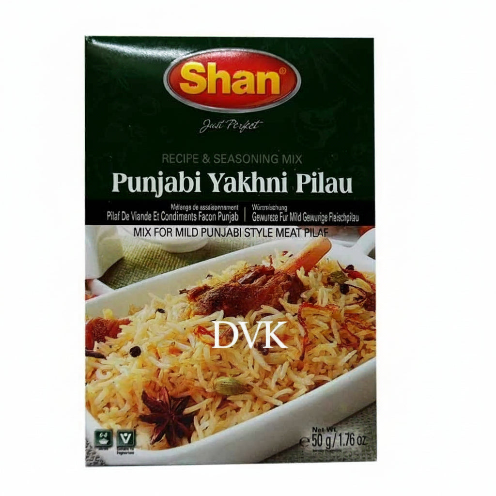 Shan Punjabi Yakhni Pilau seasoning mix packaging with a dish of pilau rice on a white background.