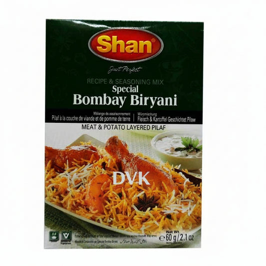 Shan Special Bombay Biryani seasoning mix packaging with food image on a white background