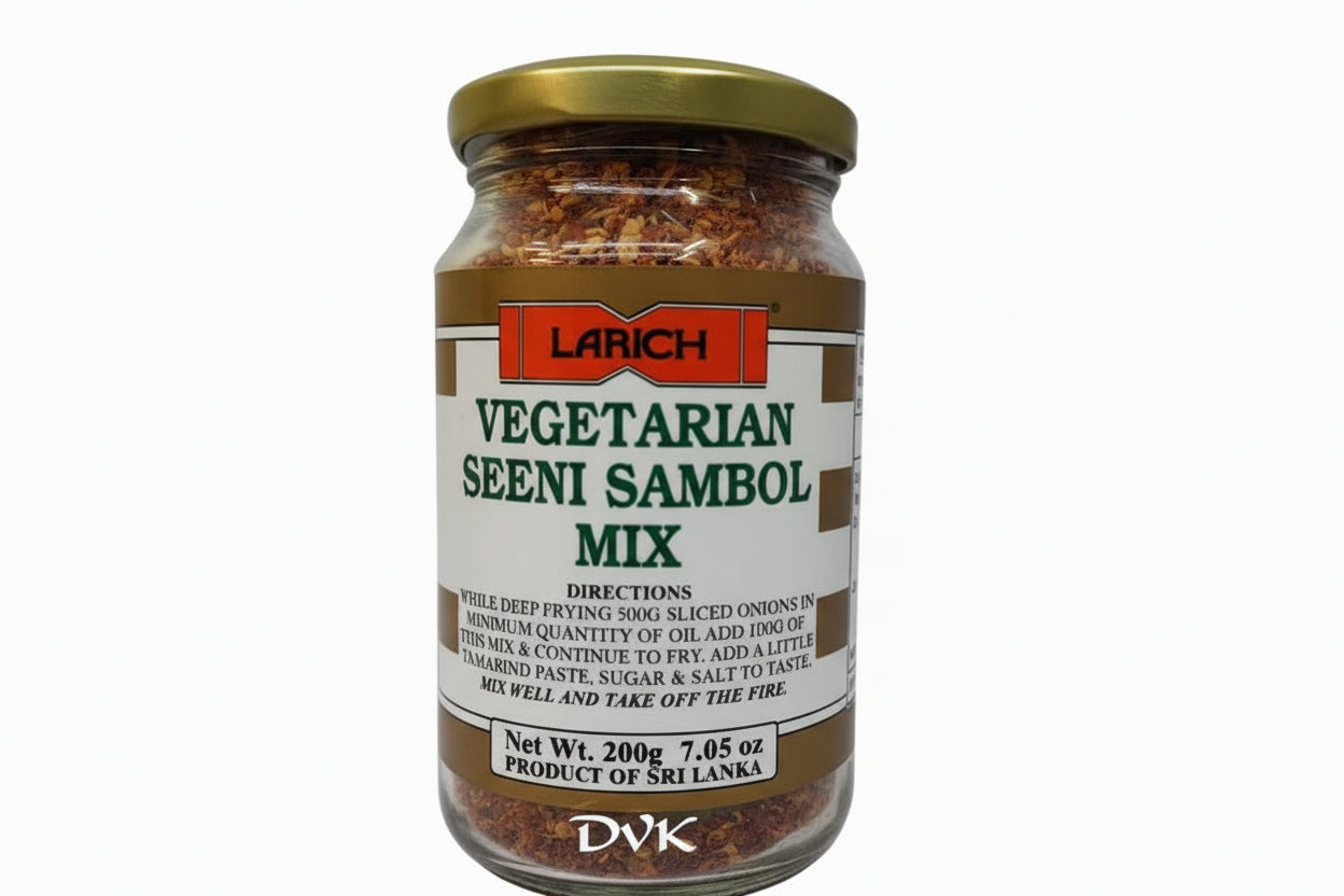 Jar of Larich Vegetarian Seeni Sambol Mix on a white background