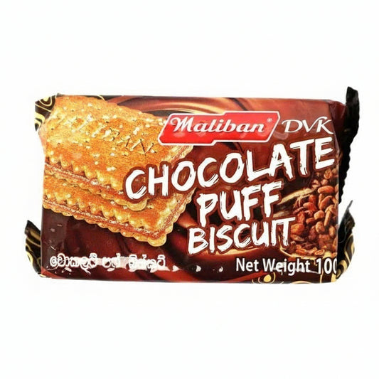 Packaged chocolate puff biscuit with Maliban branding on a white background