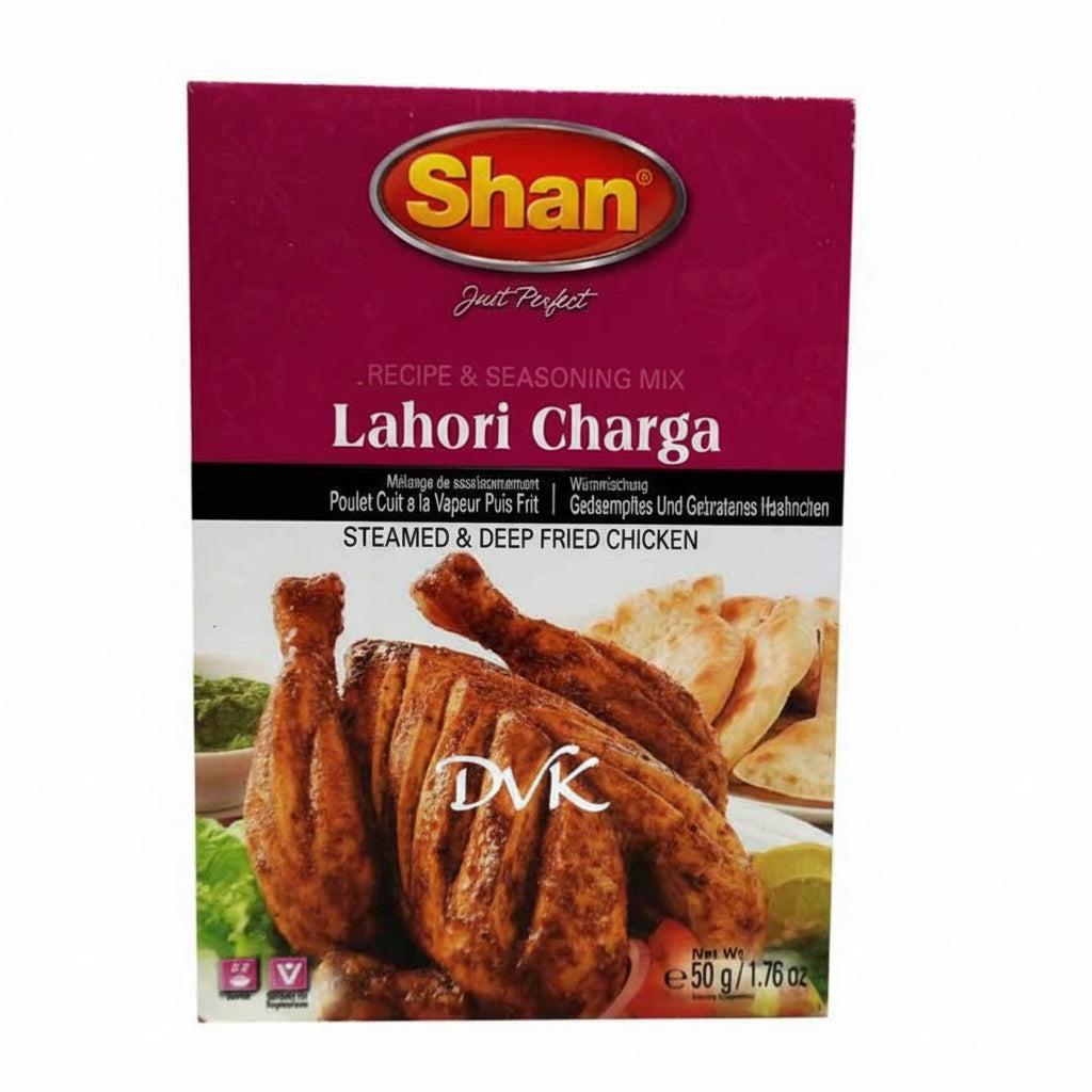 Shan Lahori Charga seasoning mix packaging with chicken and naan on a white background