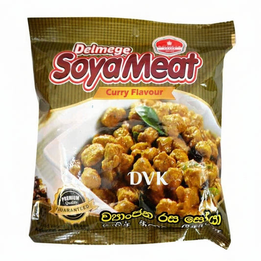Packaged Delmege Soya Meat with curry flavor on a white background