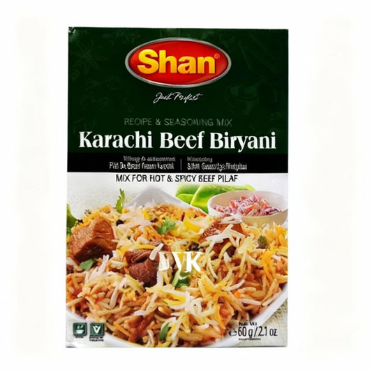 Shan Karachi Beef Biryani seasoning mix packaging on a white background
