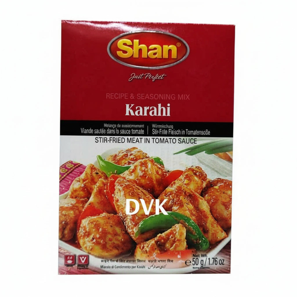 Shan Karahi recipe and seasoning mix packaging on a white background