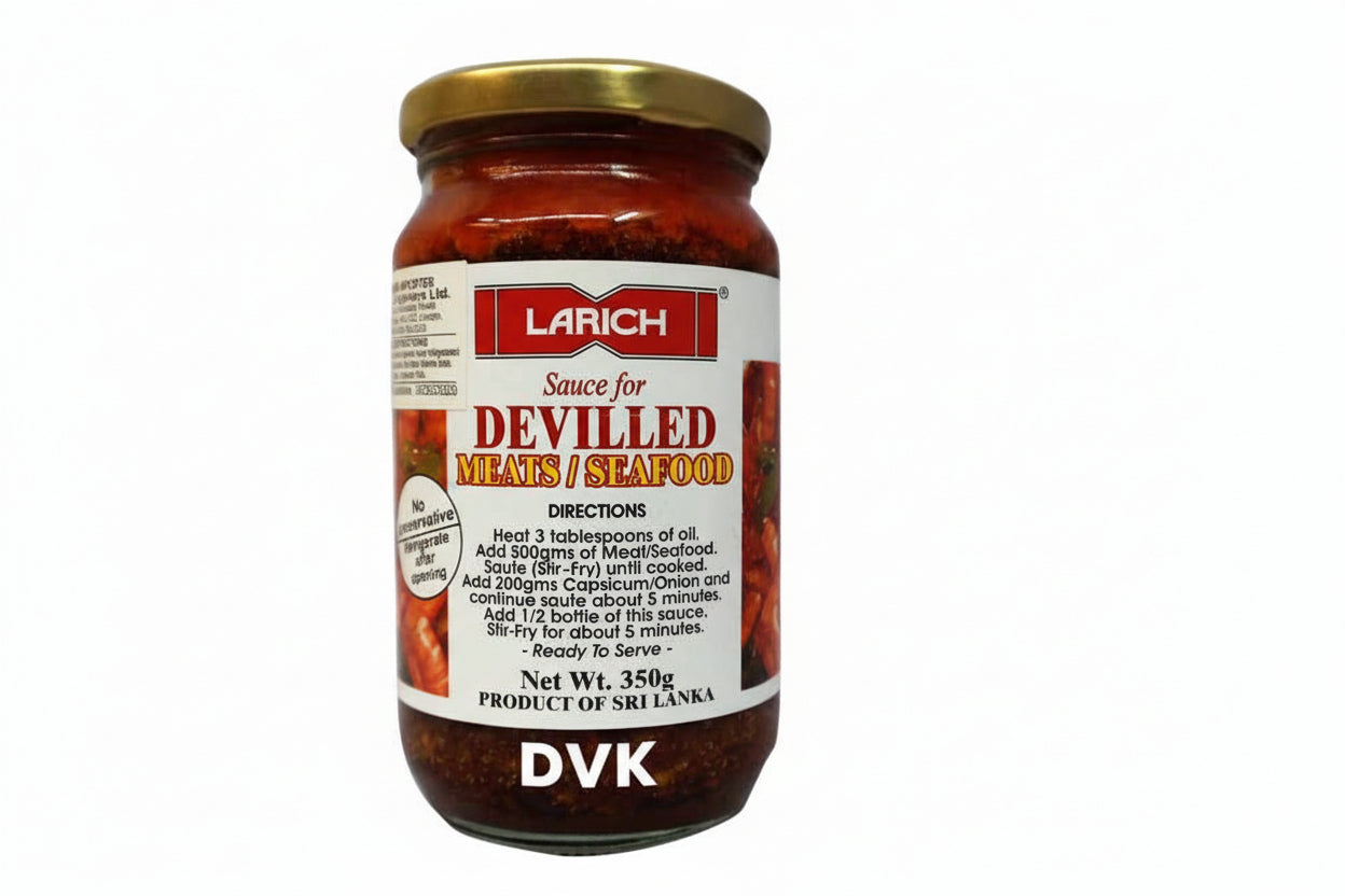 Jar of Larich sauce for devilled meats and seafood on a white background