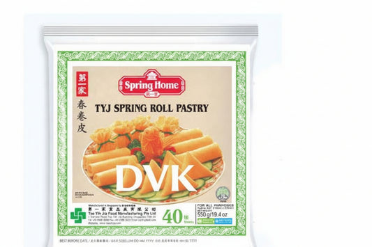 Packaging of Spring Home TYJ Spring Roll Pastry with a visual of spring rolls on a white background
