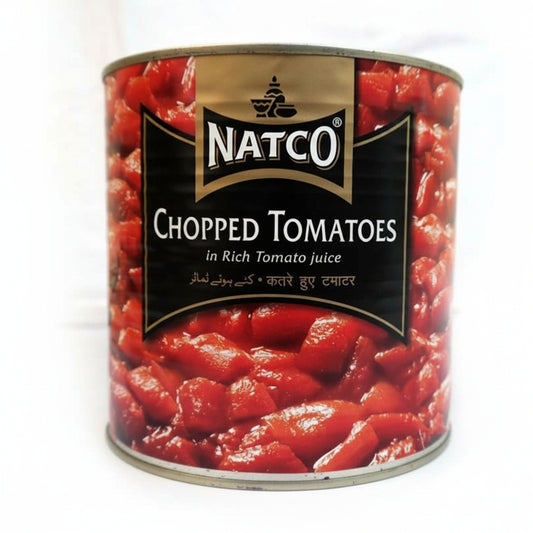Can of Natco chopped tomatoes on a white background