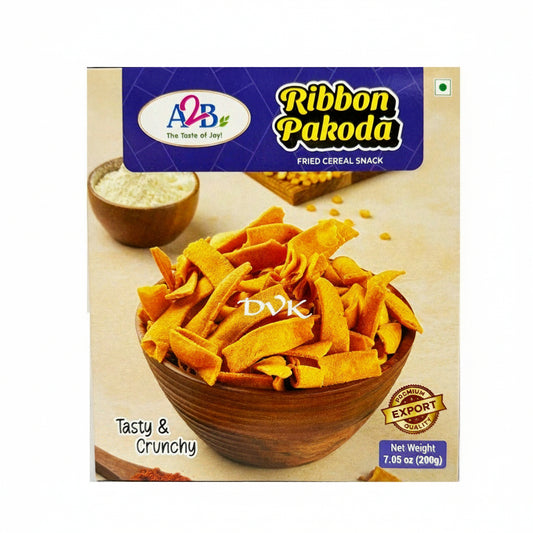 A2B Ribbon Pakoda packaging with a bowl of snacks and text on a white background