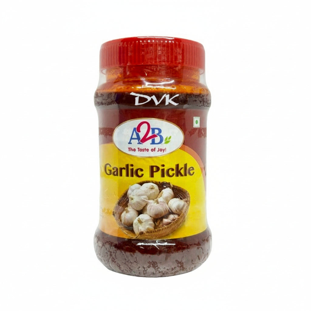Jar of A2B Garlic Pickle with red lid on a white background