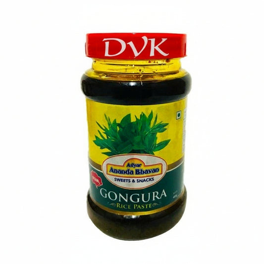 Bottle of Adyar Ananda Bhavan Gongura Rice Paste with DVK's branding on a white background