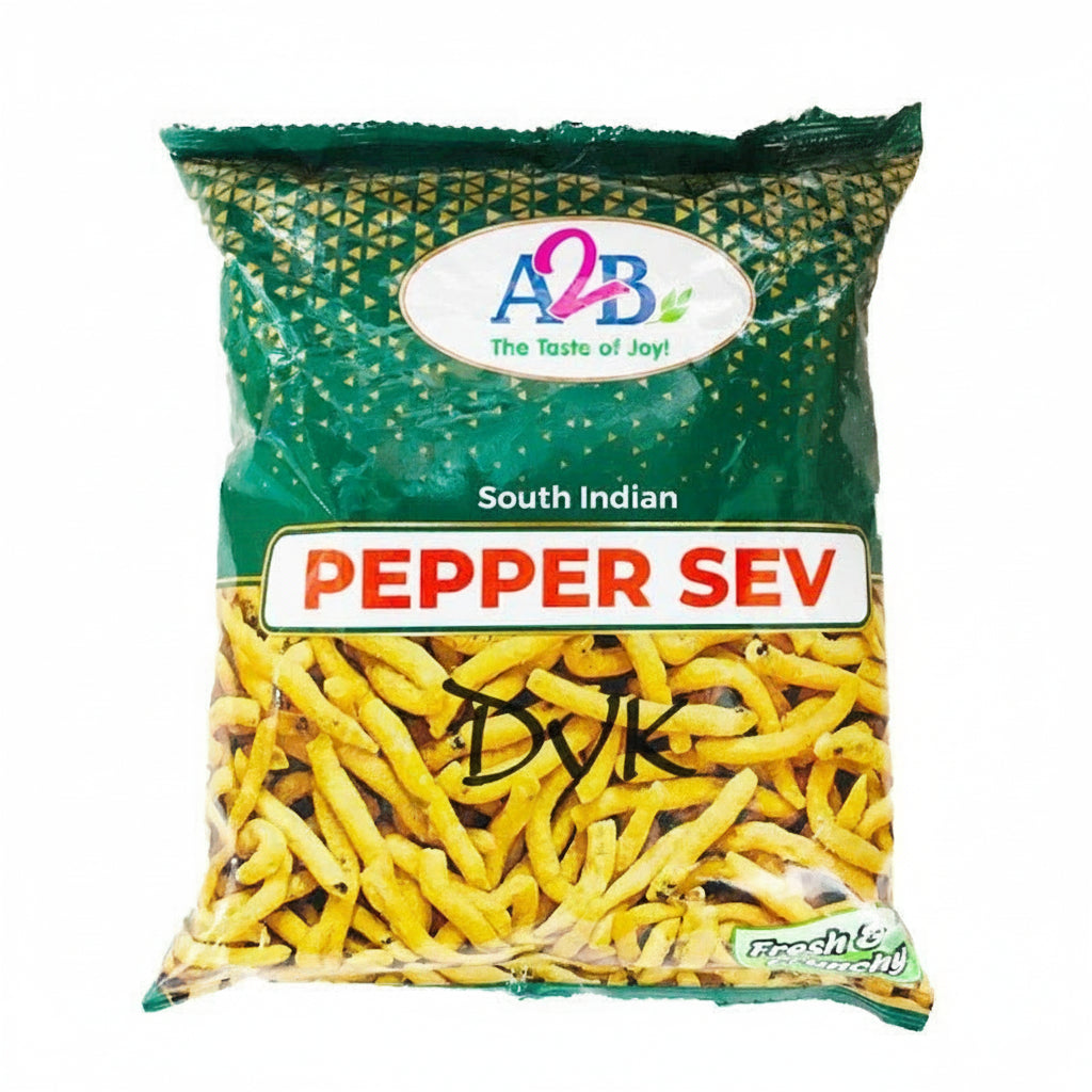 Packaged yellow pepper sev with green packaging and A2B logo on a white background